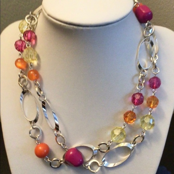 NWOT. Silver Tone Chain & Fuchsia, Orange, Yellow Mix Beads Necklace. - Picture 5 of 8